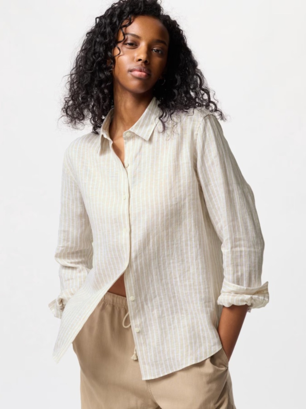Uniqlo Premium Linen Shirt in Beige Stripe, M